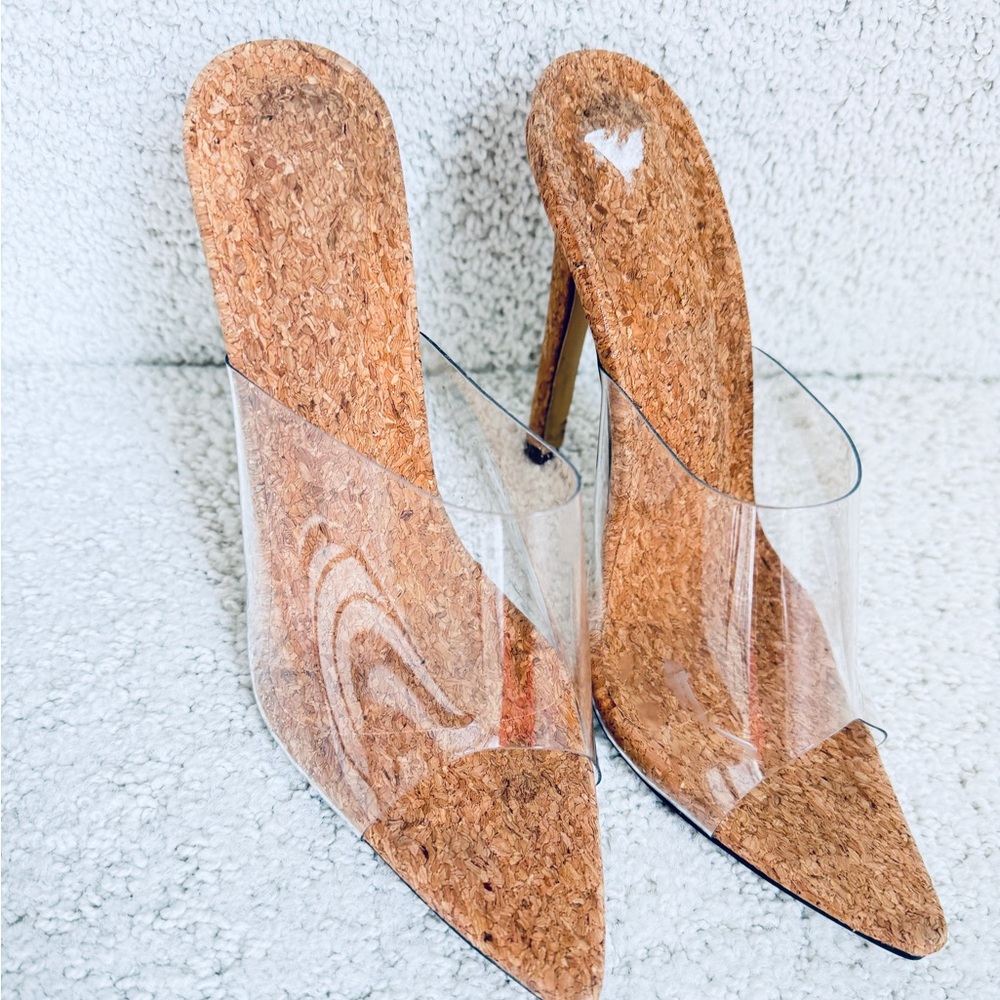 Elegant Cork and Clear High Heel Mules - Picture 3 of 9